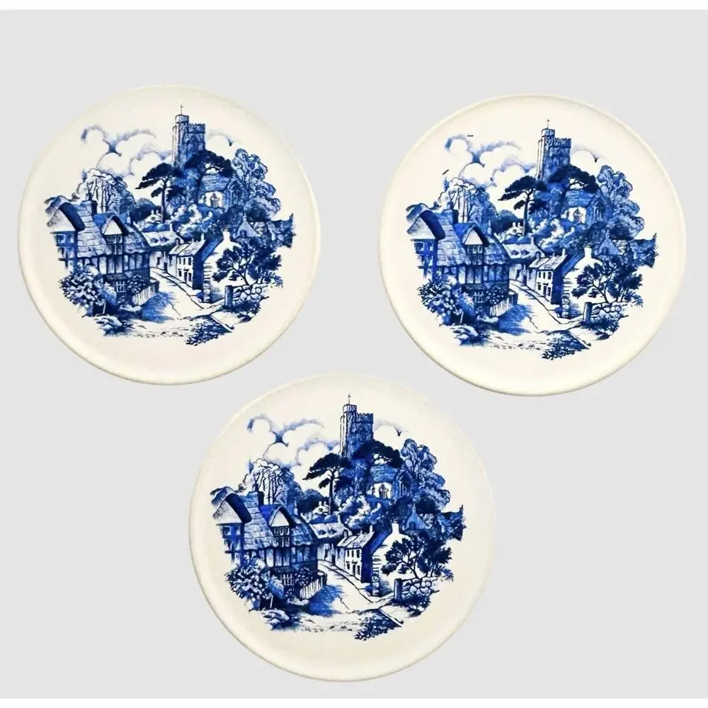 Vintage HR Johnson Tiles 3 Round Delft Blue White Village Scene England 3.5 Inch